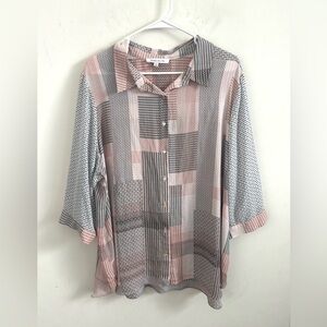 Rose+Olive Women Blouse 2X Patchwork Print Button Up Abstract Office Minimalist
